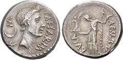 Roman Republican Coinage Iulius Caesar and L. Aemilius Buca. Denarius 44, AR 3.87 g. CAESAR·IM – P – M Wreathed head of Caesar r.; behind, crescent. Rev. L·AEMILIVS – BVCA Venus standing l., holding s