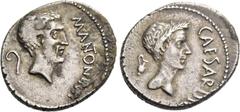Roman Republican Coinage Marcus Antonius. Denarius, Gallia Cisalpina 43, AR 3.58 g. M ANTON IM[P] Bearded head of Mark Antony r.; behind, lituus. Rev. CAESAR DI[C] Laureate head of Caesar r.; behind, 