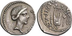 Roman Republican Coinage Q. Caepio Brutus. Denarius, mint moving with Brutus 43-42, AR 3.78 g. [LEIBERTA]S Head of Libertas r. Rev. CAEPIO·BRVTVS[·PRO·COS] Plectrum, lyre and laurel branch tied with f