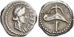 Roman Republican Coinage M. Iunius Brutus. Quinarius, mint moving with Brutus 43-42, AR 2.00 g. LEIBERTAS Laureate head of Libertas r. Rev. Prow-stem and anchor in saltire. Babelon Junia 33. C –, afte