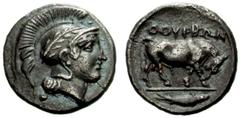Greek Coins Thurium No.: 50 Schätzwert/Estimation: CHF 600.- d=12 mm Diobol circa 443-400, AR 0.68 g. Helmeted head of Athena r., bowl decorated with olive wreath. Rev. QOURIWN Bull walking r.; in exe