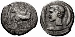 Greek Coins Gela No.: 80 Schätzwert/Estimation: CHF 24000.- d=26 mm Tetradrachm circa 425, AR 17.09 g. Slow quadriga driven r. by Nike, holding reins and kentron with both hands; in field above, laure