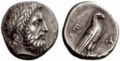 Greek Coins Olympia, Elis No.: 193 Schätzwert/Estimation: CHF 4500.- d=23 mm Stater circa 348, the 106th Olympiad, AR 12.03 g. Laureate head of Zeus r. Rev. F – A Eagle, with closed, wings, standing r
