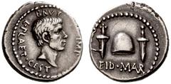 The Roman Republic No.: 415 Schätzwert/Estimation: CHF 120000.- d=18 mm M. Iunius Brutus with L. Plaetorius Caestianus. Denarius, Northern Greece circa 43-43, AR 3.71 g. BRVTVS IMP L·PLAET·CEST Head o