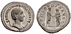 The Roman Empire Tranquillina, wife of Gordian III No.: 613 Schätzwert/Estimation: CHF 18000.- d=22 mm Antoninianus or double-denarius after 241, AR 3.63 g. SABINA TRANQVILLINA AVG Diademed and draped