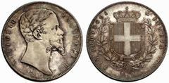 CASA SAVOIA Vittorio Emanuele II (1859-1861), Re Eletto No.: 392 Estimate: EUR 9000 d=37 mm 5 Lire 1859. Bologna. AR, gr. 24,99 - ø 36,9 mm. D/ VITTORIO / EMANUELE II, testa nuda a destra, sotto al co