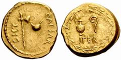 The Roman Republic No.: 4 Schätzwert/Estimation: CHF 24000 d=21 mm Julius Caesar. Aureus, mint moving with Caesar in the East circa 48-47 BC, 8.13 g. CAESAR – DICT Axe and culullus. Rev. ITER Jug and 