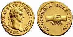 The Roman Empire Nerva, 96 – 98 No.: 36 Schätzwert/Estimation: CHF 20000 d=19 mm Aureus circa 97, 7.39 g. IMP NERVA CAES AVG P M TR P COS III P P Laureate head r. Rev. CONCORDIA EXERCITVM Clasped hand