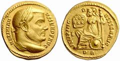 The Roman Empire Maximianus Herculeus second reign, 305 – 308 No.: 130 Schätzwert/Estimation: CHF 8000 d=19 mm Aureus circa 306-307, 5.59 g. MAXIMIAN – VS SEN P F AVG Laureate head r. Rev. FELIX ING –