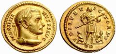 The Roman Empire Galerius Maximianus Augustus, 305 – 311 No.: 135 Schätzwert/Estimation: CHF 8000 d=18 mm Aureus, Trier circa 305-306, 6.06 g. MAXIMIA – NVS P F AVG Laureate head r. Rev. VBIQVE V – IC