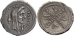 The Roman Republic C. Iulius Caesar and C. Cossutius Maridianus. Denarius 44, AR 3.53 g. CAESAR – [PARENS]· PATRIAE Veiled and wreathed head of Caesar r.; behind, apex / Î and before, lituus. Rev. C·C