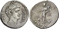The Roman Republic Marcus Antonius. Denarius, mint moving with Marcus Antonius 41, AR 3.54 g. ANT – AVG·IMP – III.VI.R·P.C Head of M. Antony r. Rev. Fortuna standing l., holding rudder in r. hand and 