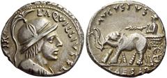 The Roman Empire Octavian as Augustus, 27 BC – 14 AD. L. Aquillius Florus. Denarius circa 19 BC, AR 3.91 g. L·AQVILLIVS·FLO[RVS – III V]IR Draped bust of Virtus r. wearing feathered helmet. Rev. AVGVS