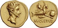 The Roman Empire Octavian as Augustus, 27 BC – 14 AD. Aureus, Colonia Patricia (?) circa 18-17/16 BC, AV 7.84 g. Bare head r. Rev. Capricorn r., holding globe over rudder; above, cornucopiae. Below, A