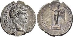The Roman Empire Domitian caesar, 69 - 81. Denarius Ephesus (?) 76, AR 2.73 g. CAES AVG F – DOMIT COS III Laureate and bearded head r. Rev. PON MAX – TR P COS VI Victory standing l. on prow, holding w