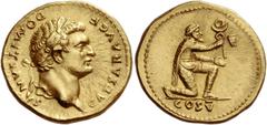 The Roman Empire Domitian caesar, 69 - 81. Aureus 77-78, AV 7.25 g. CAESAR AVG F – DOMITIANVS Laureate head r. Rev. Captive kneeling r., offering standard with vexillum; in exergue, COS V. C 48. BMC V