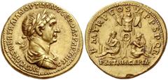 The Roman Empire Trajan 98 – 117. Aureus after 20 February – circa Autumn 116, AV 7.37 g. IMP CAES NER TRAIAN OPTIM AVG GER DAC PARTHICO Laureate, draped and cuirassed bust r. Rev. P M TR P COS VI P P