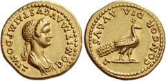 Domitia, wife of Domitian Aureus 82–83, AV 7.73 g. DOMITIA AVGVSTA IMP DOMIT Draped bust r., hair massed in front and in long plait behind. Rev. CONCOR – DIA AVGVS – T Peacock standing r. C 1 var. (AV