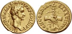 Nerva, 96 Aureus 97, AV 7.52 g. IMP NERVA CAES AVG P M TR P COS III P P Laureate head r. Rev. CONCORDIA – EXERCITVVM Clasped hands holding legionary eagle set upon prow l. C 28. BMC 27. RIC 15. CBN 16