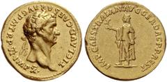 Trajan, 98 In the name of Claudius. Aureus, restitution issue by Trajan circa 112-113, AV 7.09 g. TI CLAVD CAESAR AVG P M TR P VI IMP X Laureate bust r. Rev. IMP CAES TRAIAN AVG GER DAC P P REST Spes 