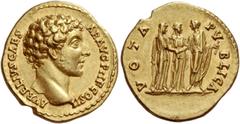 Marcus Aurelius caesar, 139 Aureus 145-146, AV 7.31 g. AVRELIVS CAES – AR AVG PII F COS II Bare head r. Rev. VOTA PV – BLICA Faustina II, on l., and M. Aurelius, on r., clasping hands; between and beh