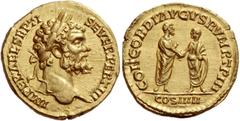 Septimius Severus, 193 Aureus, possibly struck in India circa 193-211, AV 7.67 g. IMPER A EL SEPTI – SEVER PERT III Laureate head r. Rev. CONCORDI ΛVGVSRVM RTP III Marcus Aurelius and Lucius Verus, ea