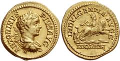 Caracalla, 198 Aureus 203-204, AV 7.08 g. ANTONINVS – PIVS AVG Laureate, draped and cuirassed bust r. Rev. INDVLGENTIA AVGG Cybele-Dea Caelestis, holding thunderbolt and sceptre, riding lion running r