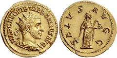 Trebonianus Gallus, 251 Binio June-November 251, AV 5.66 g. IMP CAE C VIB TREB GALLVS AVG Radiate, draped and cuirassed bust r. Rev. SALVS AVGG Salus standing r., feeding snake held in her arms. C 113