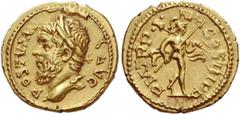 Postumus, 260 Quinarius, Lugdunum 262, AV 2.12 g. POSTVMV — S AVG Laureate head l. Rev. P M TR P – IIII COS III P P Mars walking r., holding spear in r. hand and trophy on l. shoulder. C –. RIC –, cf.