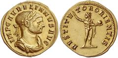 Aurelian, 270 Aureus, Siscia 274-275, AV 5.26 g. IMP C AVRELIANVS AVG Laureate, draped and cuirassed bust r. Rev. RESTITV – TOR ORIENTIS Sol standing r., head l., wearing cloak around the shoulders, r