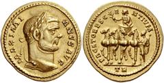 Maximianus augustus, first reign 286 Aureus, Treveri circa 295-305, AV 5.47 g. MAXIMI – ANVS AVG Laureate head r. Rev. PACATORES G – E – NTIVM Maximianus standing facing, head l., on quadriga, holding