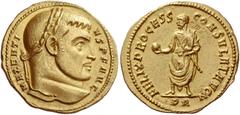 Maxentius, 307 Aureus circa 308, AV 5.39 g. MAXENTI – VS P F AVG Laureate head r. Rev. FELIX PROCESS – CONSVLAT AVG N The Emperor standing facing, head l., holding globe and short baton; in exergue, P