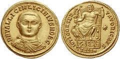 Licinius II caesar, 317 Aureus, Antiochia 321–322, AV 5.27 g. DN VAL LICIN LICINIVS NOB C Draped and cuirassed bust facing. Rev. IOVI CONSER – VATORI CAES Jupiter seated facing enthroned on platform, 