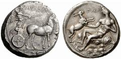 Greek Coins Messana No.: 76 Estimate: CHF 80000 d=27 mm Tetradrachm circa 420-413, AR 17.31 g. MESSANA Slow biga of mules driven r. by charioteer, holding reins and kentron; in exergue, two dolphins s