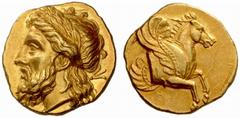 Greek Coins Lampsacus No.: 153 Estimate: CHF 25000 d=19 mm Stater circa 350, AV 8.42 g. Laureate head of Zeus l., with lotus-tipped sceptre on far shoulder. Rev. Forepart of Pegasus r.; within partial