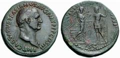 The Roman Empire Vespasian, 69-79 No.: 452 Estimate: CHF 12000 d=37 mm Sestertius 71, æ 25.46 g. IMP CAESAR VESPASIANVS AVG P M TR P P P COS III Laureate head r., with drapery on far shoulder. Rev. VI
