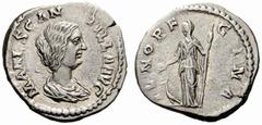 The Roman Empire Manlia Scantilla, wife of Didius Julianus No.: 519 Estimate: CHF 6000 d=19 mm Denarius March-May 193, AR 3.00 g. MANL SCANTILLA AVG Draped bust r. Rev. IVNO RE – GINA Juno standing l.
