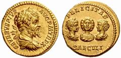 The Roman Empire Septimius Severus, 193-211 No.: 526 Estimate: CHF 25000 d=20 mm Aureus circa 202, AV 7.11 g. SEVERVS PIVS - AVG P M TR P X Laureate, draped and cuirassed bust r. Rev. FELICITAS / SAEC