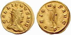 The Roman Empire Gallienus, sole reign 260-268 No.: 568 Estimate: CHF 8000 d=22 mm Aureus, Mediolanum 260-268, AV 3.96 g. GALLIENVS AVG Radiate bust r., with shield hung behind r. shoulder and drapery
