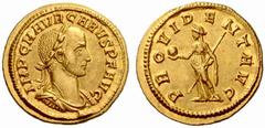 The Roman Empire Carus, 282-283 No.: 578 Estimate: CHF 12000 d=20 mm Aureus, Ticinum 282-283, AV 4.75 g. IMP C M AVR CARVS P F AVG Laureate, draped and cuirassed bust r. Rev. PROVIDENT AVG Providentia
