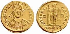 The Roman Empire Julius Nepos first reign, 474-475 No.: 632 Estimate: CHF 8000 d=22 mm Solidus, Arles circa 474–475, AV 4.35 g. D N IVL NE – POS P F AVG Helmeted, pearl-diademed and cuirassed bust thr