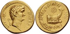 The Roman Republic Marcus Antonius with Cn. Domitius Ahenobarbus. Aureus, mint moving with M. Antonius (Corcyra ?) Summer 40, AV 7.88 g. ANT·IMP· – III·VIR·R·P·C Bare head of M. Antony r.; behind, lit