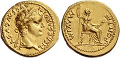 The Roman Empire Tiberius, 14 – 37. Aureus, Lugdunum 14-37, AV 7.83 g. TI CAESAR DIVI – AVG F AVGVSTVS Laureate head r. Rev. PONTIF – MAXIM Pax-Livia figure seated r., holding inverted spear and branc