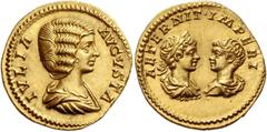 The Roman Empire Julia Domna, wife of Septimius Severus. Aureus 201, AV 7.20 g. IVLIA – AVGVSTA Draped bust r. Rev. AETERNIT IMPERI Confronted busts of Caracalla laureate, draped and cuirassed facing 