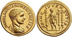 The Roman Empire Diadumenian caesar, 217 – 218. Aureus late 217, AV 7.36 g. M OPEL ANT DIADVMENIAN CAES Bare-headed and draped bust r. Rev. PRINC IVVENTVTIS Diadumenian standing facing, head r., holdi