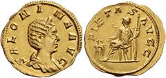 The Roman Empire Salonina, wife of Gallienus. Aureus 253/4-259, AV 2.26 g. SALONINA AVG Diademed and draped bust r. Rev. PIETAS AVGG Pietas seated l., holding sceptre in l. hand and extending r. to tw