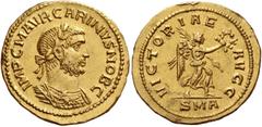 The Roman Empire Carinus caesar, 282 – 283. Aureus, Antiochia 283, AV 4.59 g. IMP C M AVR CARINVS NOB C Laureate and cuirassed bust r., wearing consular mantel. Rev. VICTOR – IAE – AVGG Victory advanc