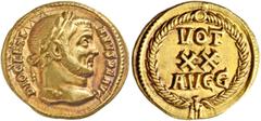 The Roman Empire Diocletian, 284 – 305. Aureus, Aquileia 294-303, AV 5.49 g. DIOCLETI – ANVS P F AVG Laureate head r. Rev. VOT / XX / AVGG within wreath closed at base with an eagle. C 540. Lukanc 2. 