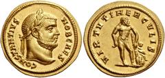 The Roman Empire Constantius I Chlorus caesar, 293 – 305. Aurus, Cyzicus (?) circa 293, AV 6.55 g. CONSTANTIVS – NOB CAES Laureate head r. Rev. VIRTVTI HERCVLIS Naked Hercules standing r., leaning on 