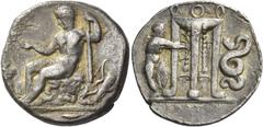 Greek Coins Croton. Nomos circa 420, AR 7.72 g. OIKIM[TAM] Young Heracles seated l. on rocks, holding filleted branch and club; behind, bow and quiver. In l. field, altar, and in exergue, two fishes (